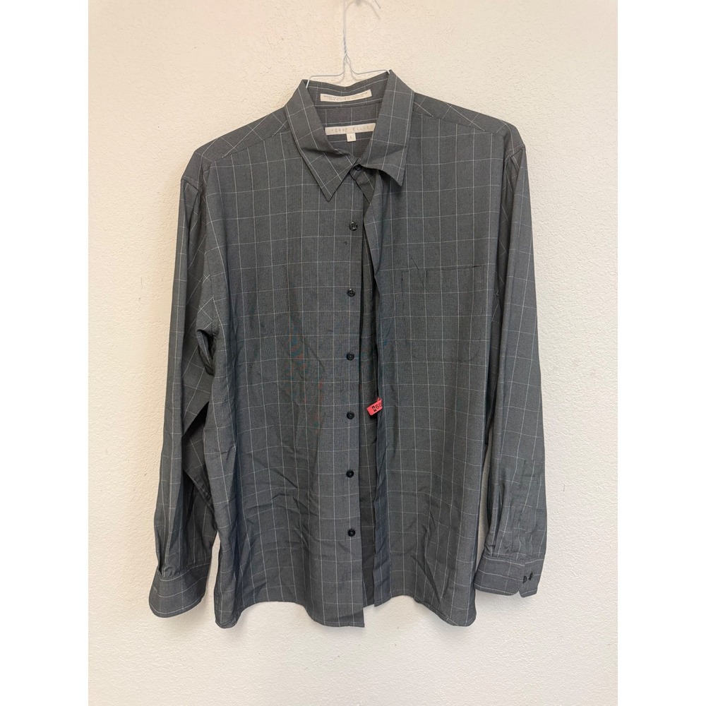 Perry Ellis Mens Large Gray Windowpane Check Long Sleeve Button Down Shirt